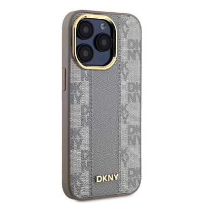 Apple iPhone 15 Pro Kılıf DKNY Orjinal Lisanslı Magsafe Şarj Özellikli 3D Yazılı Checkered Pattern Kapak Krem
