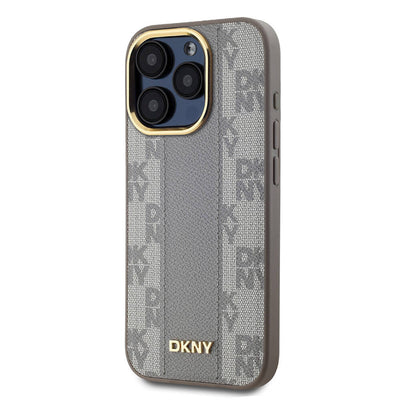 Apple iPhone 15 Pro Kılıf DKNY Orjinal Lisanslı Magsafe Şarj Özellikli 3D Yazılı Checkered Pattern Kapak Krem