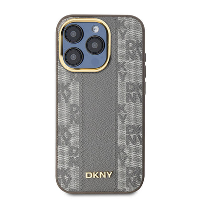 Apple iPhone 15 Pro Kılıf DKNY Orjinal Lisanslı Magsafe Şarj Özellikli 3D Yazılı Checkered Pattern Kapak Krem