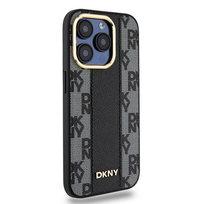Apple iPhone 15 Pro Kılıf DKNY Orjinal Lisanslı Magsafe Şarj Özellikli 3D Yazılı Checkered Pattern Kapak Krem