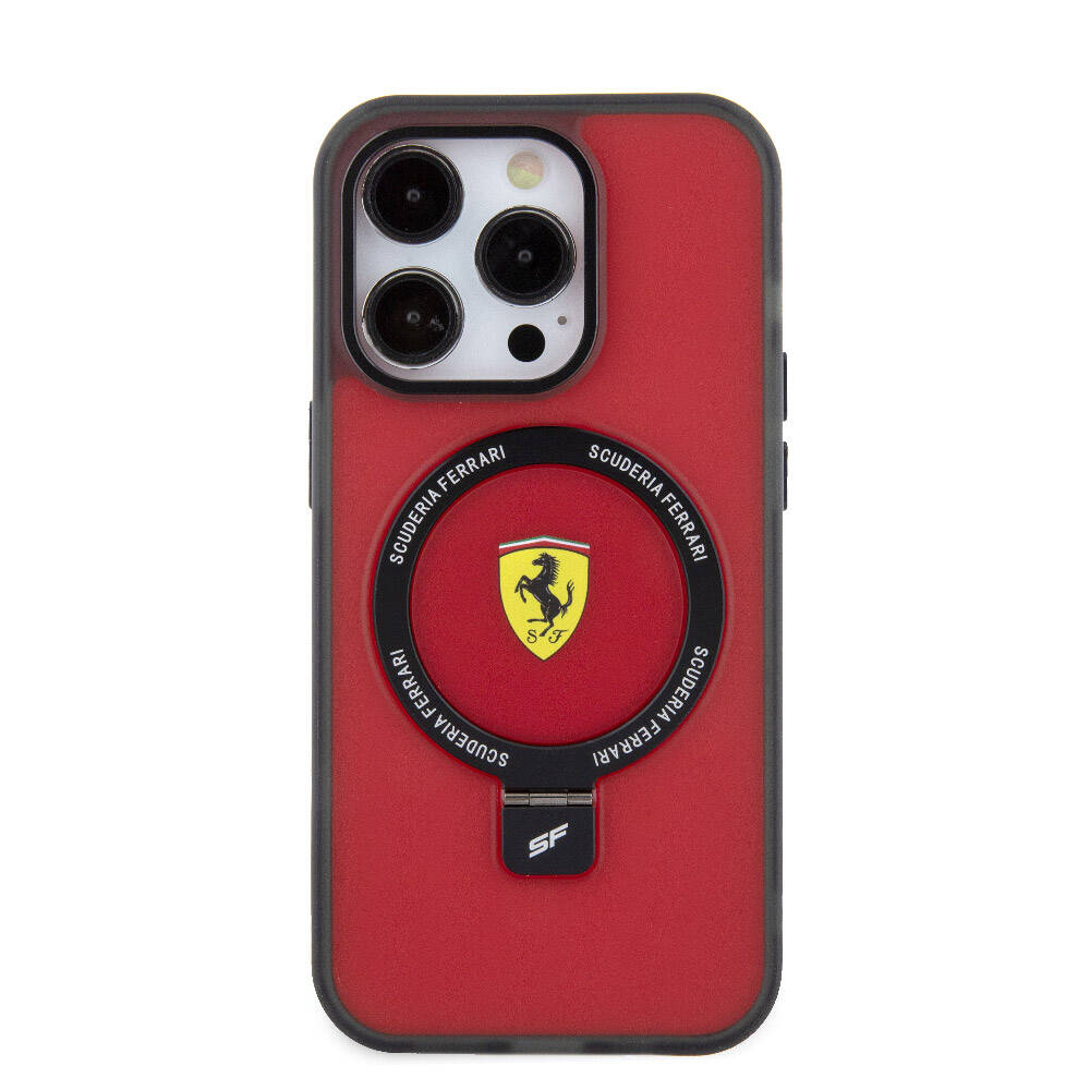 iPhone 15 Pro Kılıf Ferrari M-safe Şarj Özellikli Standlı Buzlu Yüzey Dizayn Kılıf