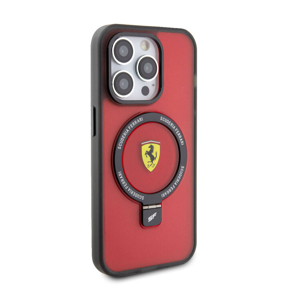 iPhone 15 Pro Kılıf Ferrari M-safe Şarj Özellikli Standlı Buzlu Yüzey Dizayn Kılıf