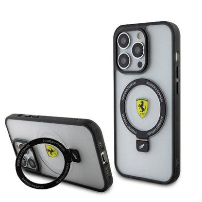 iPhone 15 Pro Kılıf Ferrari M-safe Şarj Özellikli Standlı Buzlu Yüzey Dizayn Kılıf
