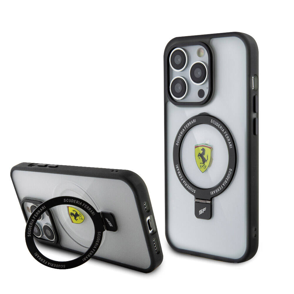 iPhone 15 Pro Kılıf Ferrari M-safe Şarj Özellikli Standlı Buzlu Yüzey Dizayn Kılıf