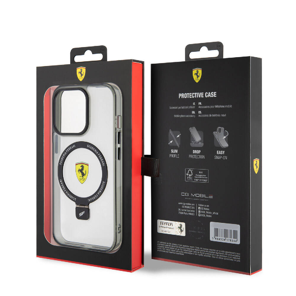 iPhone 15 Pro Kılıf Ferrari M-safe Şarj Özellikli Standlı Buzlu Yüzey Dizayn Kılıf