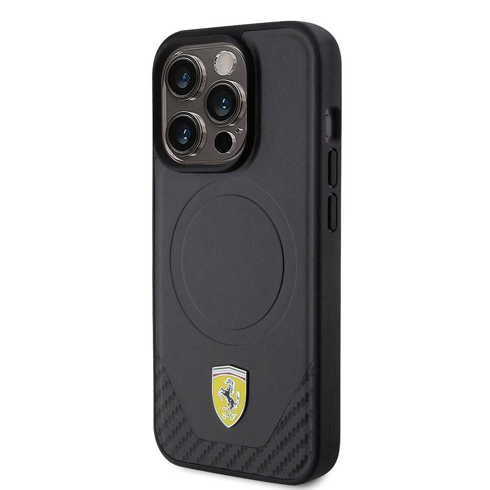 iPhone 15 Pro Kılıf Ferrari Orjinal Lisanslı M-safe Şarj Özellikli Metal Logolu PU Karbon Kılıf