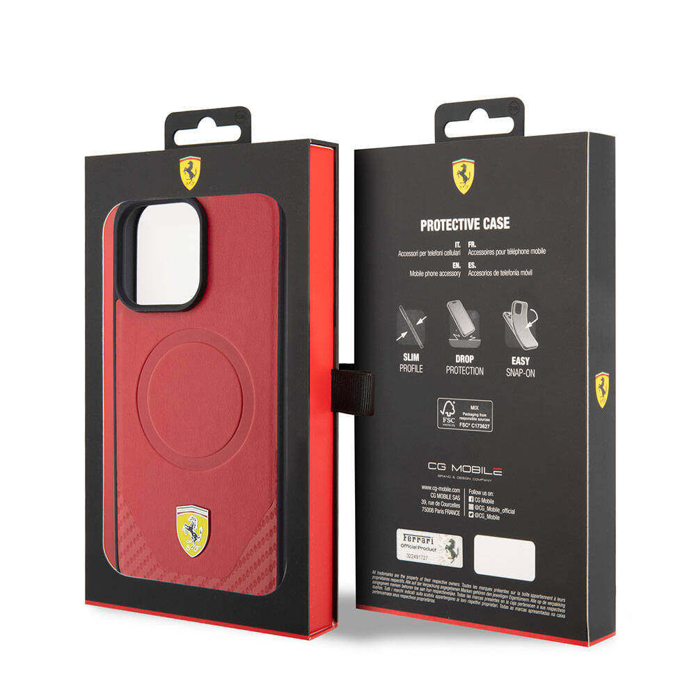 iPhone 15 Pro Kılıf Ferrari Orjinal Lisanslı M-safe Şarj Özellikli Metal Logolu PU Karbon Kılıf
