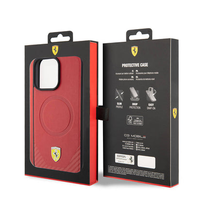 iPhone 15 Pro Kılıf Ferrari Orjinal Lisanslı M-safe Şarj Özellikli Metal Logolu PU Karbon Kılıf