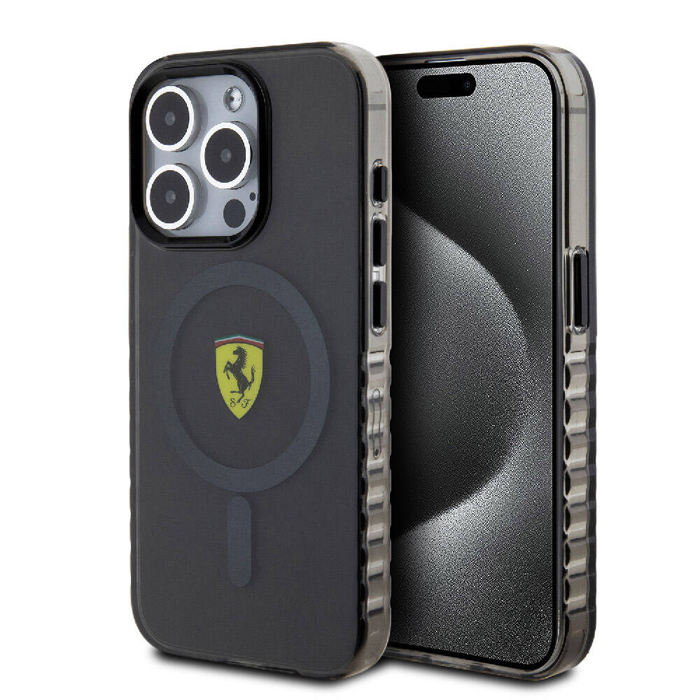 Apple iPhone 15 Pro Kılıf Ferrari Orjinal Lisanslı Magsafe Şarj Özellikli Tırtıklı Kenar Tasarımlı Ortalanmış Logo Kapak Renksiz