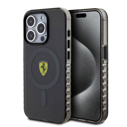 iPhone 15 Pro Kılıf Ferrari Orjinal Lisanslı M-safe Şarj Özellikli Tırtıklı Kenar Tasarımlı Ortalanmış Logo Kılıf