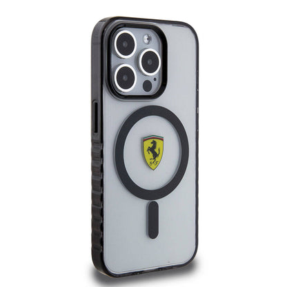 iPhone 15 Pro Kılıf Ferrari Orjinal Lisanslı M-safe Şarj Özellikli Tırtıklı Kenar Tasarımlı Ortalanmış Logo Kılıf