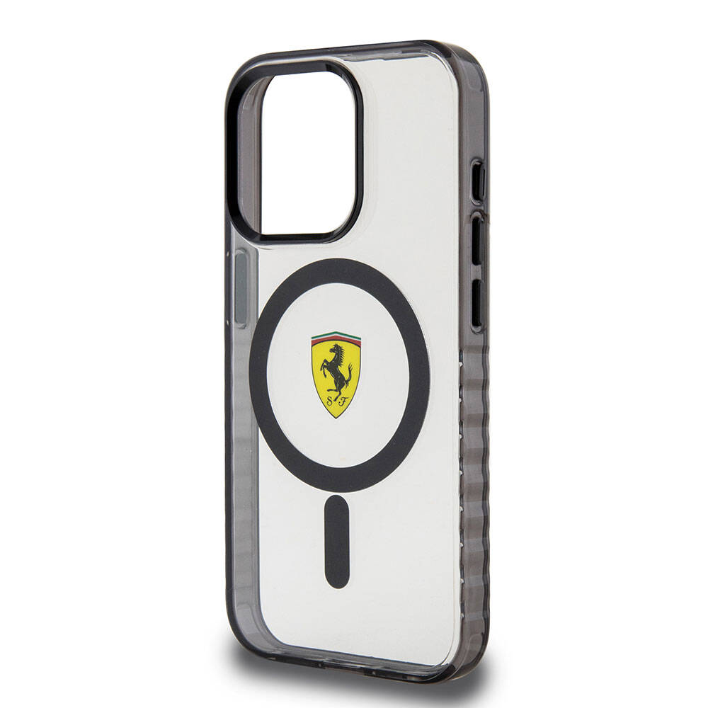 iPhone 15 Pro Kılıf Ferrari Orjinal Lisanslı M-safe Şarj Özellikli Tırtıklı Kenar Tasarımlı Ortalanmış Logo Kılıf