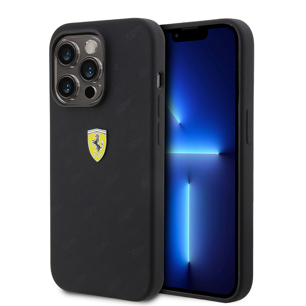 Apple iPhone 15 Pro Kılıf Ferrari Orjinal Lisanslı Metal Logolu SF Yazılı Kapak Siyah