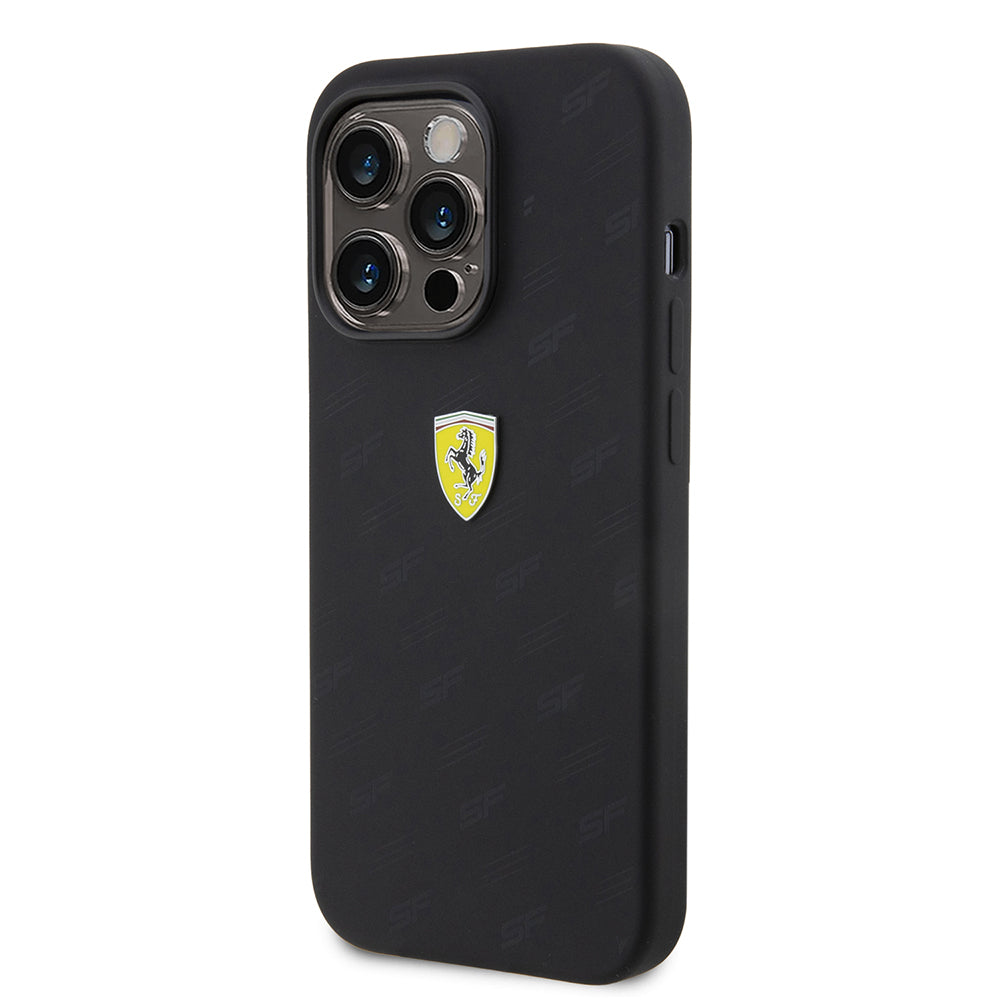 Apple iPhone 15 Pro Kılıf Ferrari Orjinal Lisanslı Metal Logolu SF Yazılı Kapak Siyah