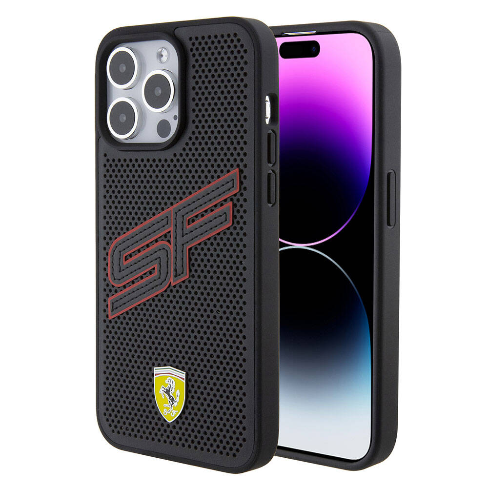 Apple iPhone 15 Pro Kılıf Ferrari Orjinal Lisanslı PU Delikli Arka Yüzey Metal Logolu Dikişli Büyük SF Yazılı Kapak Siyah