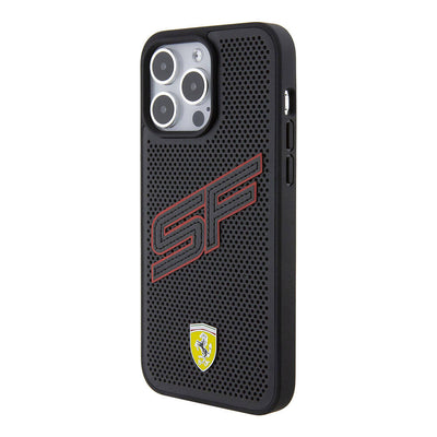 Apple iPhone 15 Pro Kılıf Ferrari Orjinal Lisanslı PU Delikli Arka Yüzey Metal Logolu Dikişli Büyük SF Yazılı Kapak Siyah