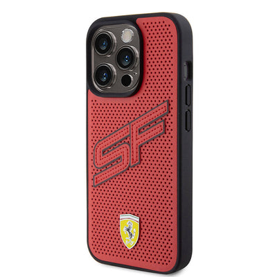 Apple iPhone 15 Pro Kılıf Ferrari Orjinal Lisanslı PU Delikli Arka Yüzey Metal Logolu Dikişli Büyük SF Yazılı Kapak Kırmızı