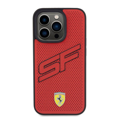 Apple iPhone 15 Pro Kılıf Ferrari Orjinal Lisanslı PU Delikli Arka Yüzey Metal Logolu Dikişli Büyük SF Yazılı Kapak Siyah