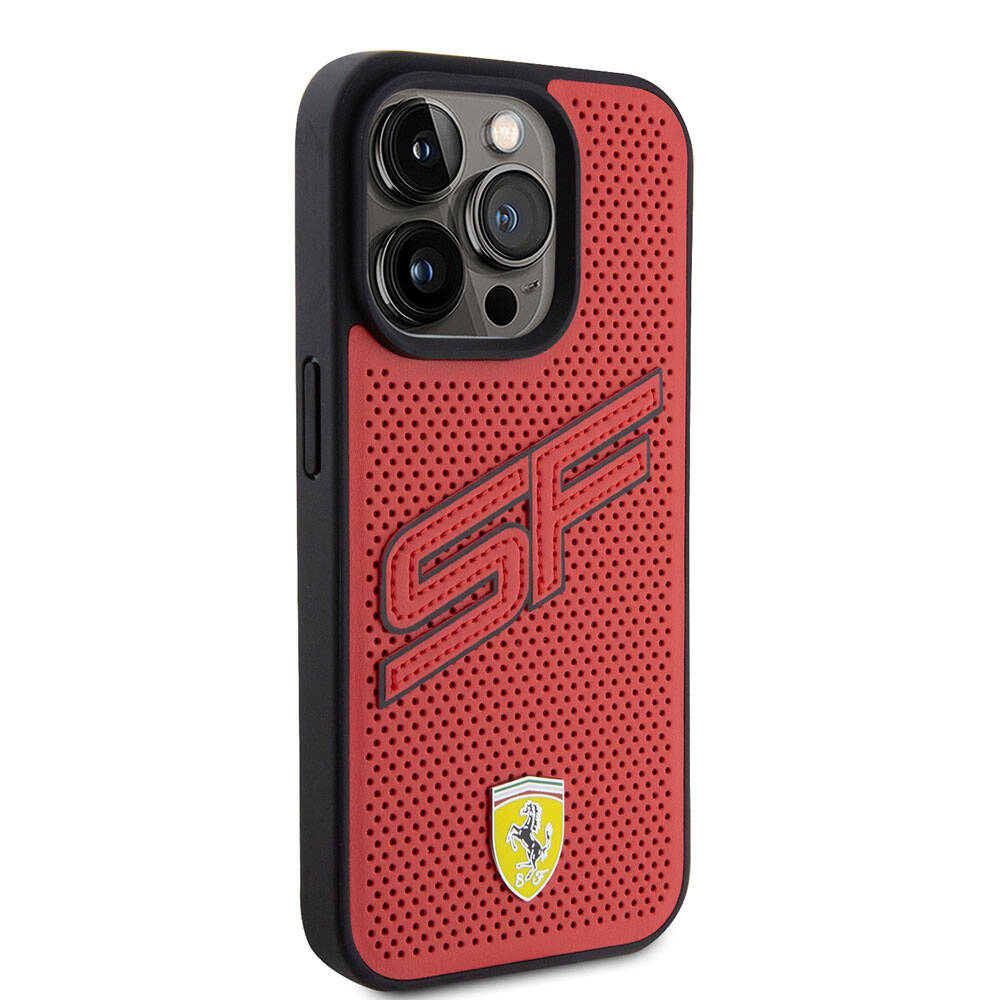 Apple iPhone 15 Pro Kılıf Ferrari Orjinal Lisanslı PU Delikli Arka Yüzey Metal Logolu Dikişli Büyük SF Yazılı Kapak Siyah