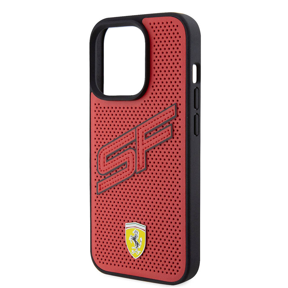 Apple iPhone 15 Pro Kılıf Ferrari Orjinal Lisanslı PU Delikli Arka Yüzey Metal Logolu Dikişli Büyük SF Yazılı Kapak Kırmızı