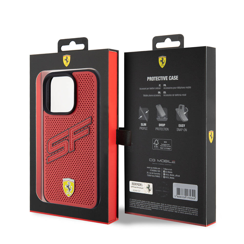 iPhone 15 Pro Kılıf Ferrari Orjinal Lisanslı PU Delikli Arka Yüzey Metal Logolu Dikişli Büyük SF Yazılı Kılıf