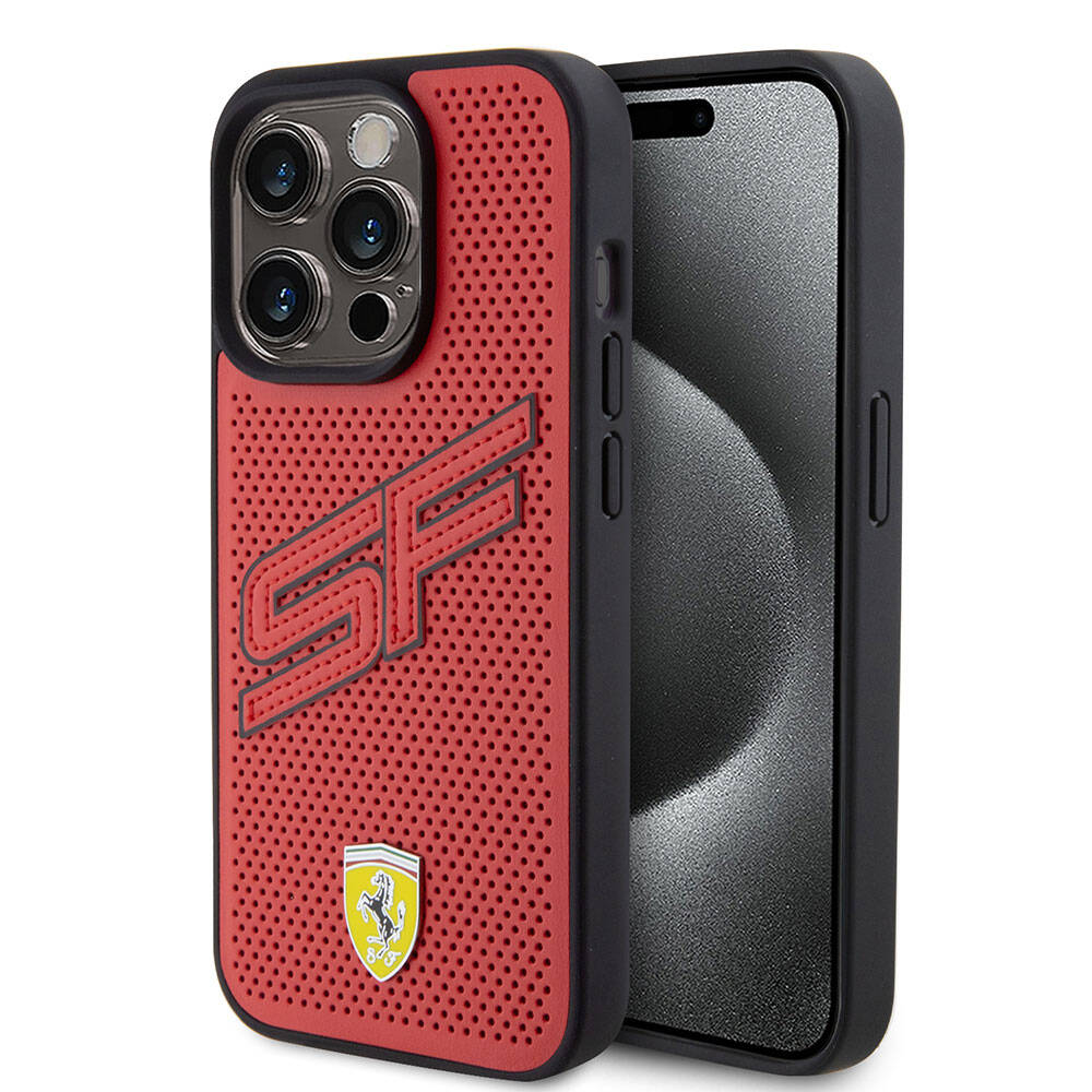 Apple iPhone 15 Pro Kılıf Ferrari Orjinal Lisanslı PU Delikli Arka Yüzey Metal Logolu Dikişli Büyük SF Yazılı Kapak Kırmızı