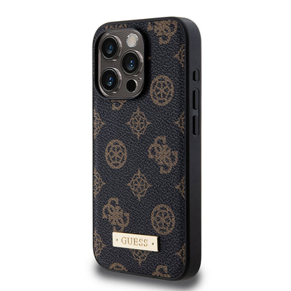 iPhone 15 Pro Kılıf Guess M-safe Şarj Özellikli PU Deri Desenli Metal Plaka Logolu Kılıf