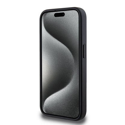 iPhone 15 Pro Kılıf Guess M-safe Şarj Özellikli PU Deri Desenli Metal Plaka Logolu Kılıf