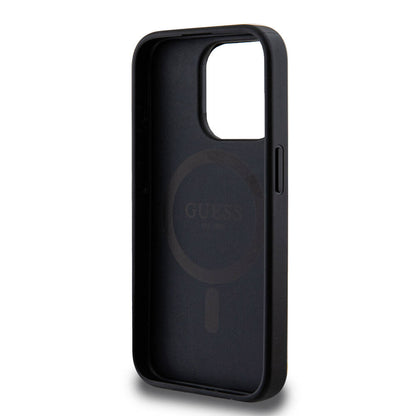 iPhone 15 Pro Kılıf Guess M-safe Şarj Özellikli PU Deri Desenli Metal Plaka Logolu Kılıf