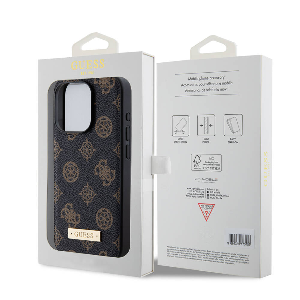 iPhone 15 Pro Kılıf Guess M-safe Şarj Özellikli PU Deri Desenli Metal Plaka Logolu Kılıf