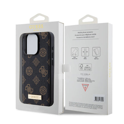iPhone 15 Pro Kılıf Guess M-safe Şarj Özellikli PU Deri Desenli Metal Plaka Logolu Kılıf
