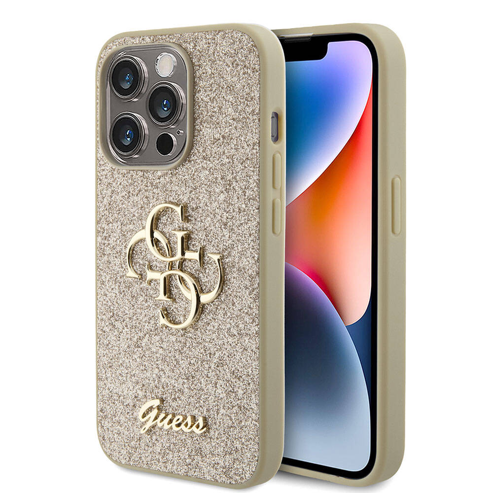 Apple iPhone 15 Pro Kılıf Guess Orjinal Lisanslı 4G Büyük Metal Logolu Glitter Kapak Pembe