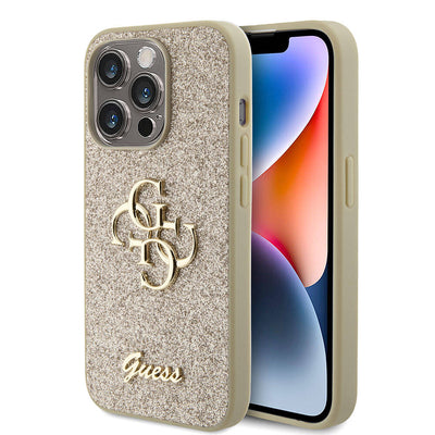 Apple iPhone 15 Pro Kılıf Guess Orjinal Lisanslı 4G Büyük Metal Logolu Glitter Kapak Pembe