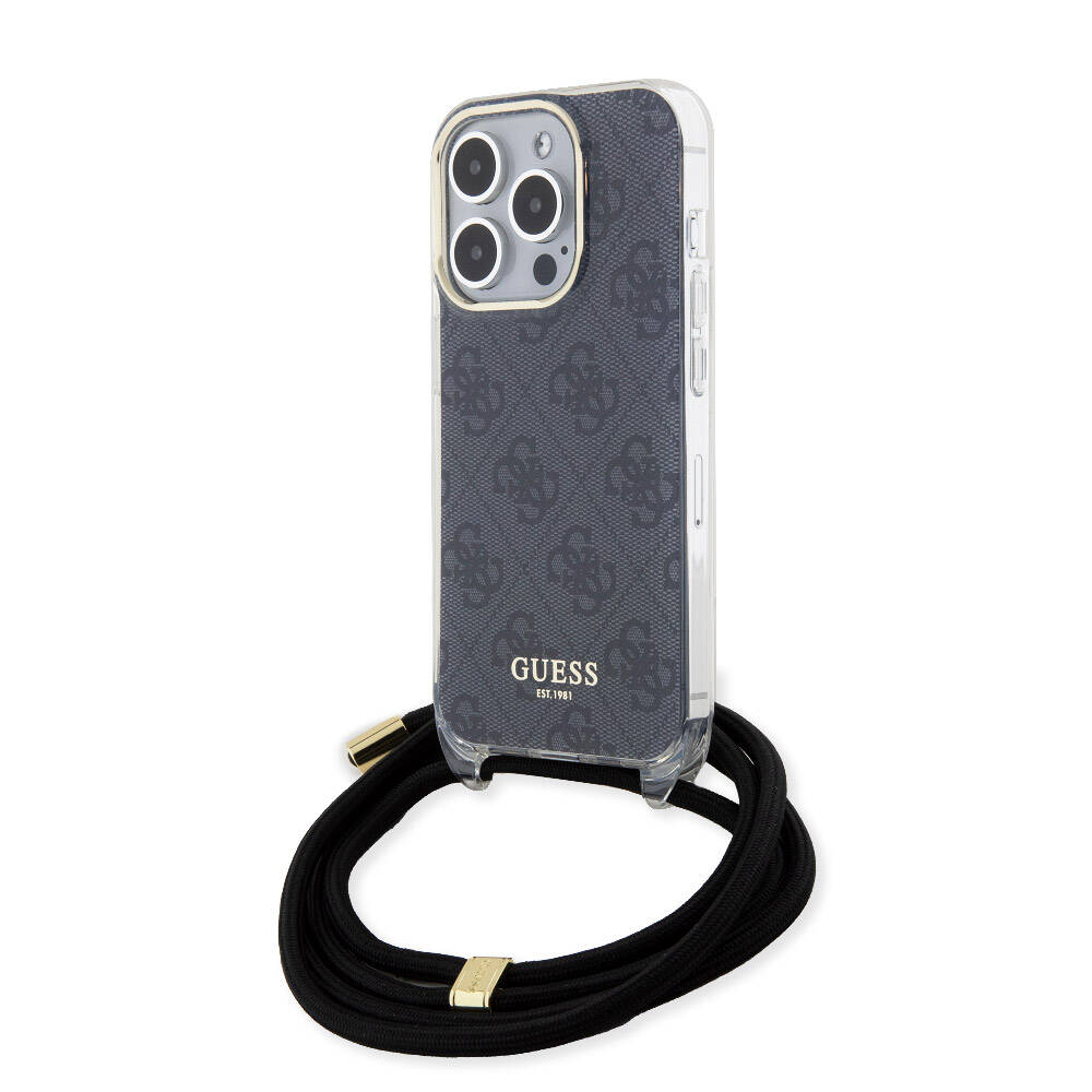 Apple iPhone 15 Pro Kılıf Guess Orjinal Lisanslı Çapraz Kordon 4G Desenli Kapak Kahverengi