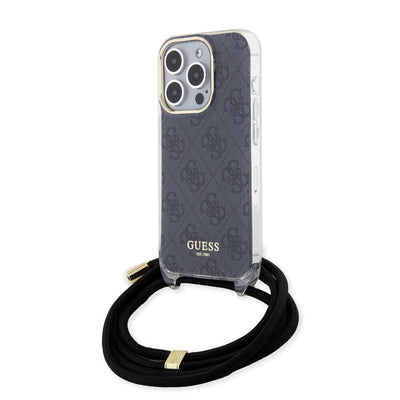 Apple iPhone 15 Pro Kılıf Guess Orjinal Lisanslı Çapraz Kordon 4G Desenli Kapak Kahverengi