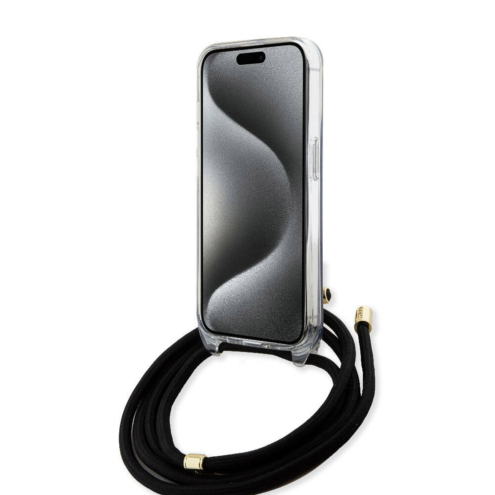 Apple iPhone 15 Pro Kılıf Guess Orjinal Lisanslı Çapraz Kordon 4G Desenli Kapak Kahverengi