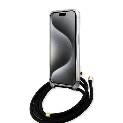 Apple iPhone 15 Pro Kılıf Guess Orjinal Lisanslı Çapraz Kordon 4G Desenli Kapak Siyah