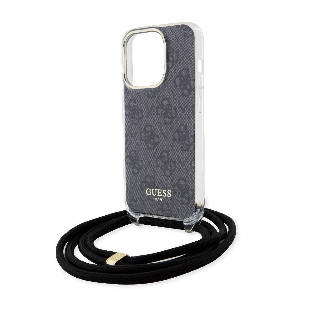 Apple iPhone 15 Pro Kılıf Guess Orjinal Lisanslı Çapraz Kordon 4G Desenli Kapak Kahverengi
