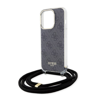 Apple iPhone 15 Pro Kılıf Guess Orjinal Lisanslı Çapraz Kordon 4G Desenli Kapak Kahverengi