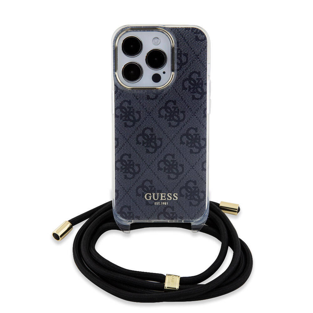 Apple iPhone 15 Pro Kılıf Guess Orjinal Lisanslı Çapraz Kordon 4G Desenli Kapak Siyah