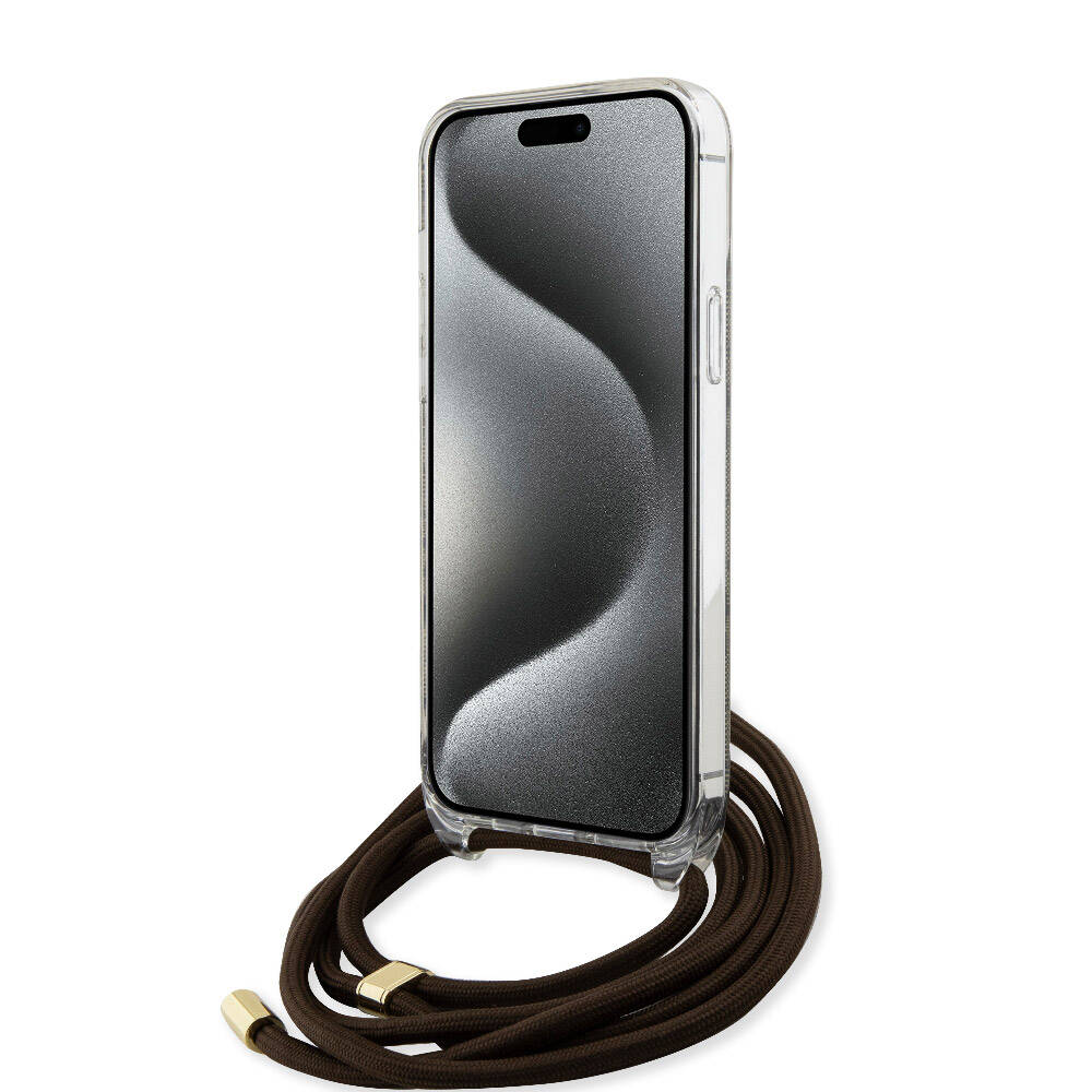 Apple iPhone 15 Pro Kılıf Guess Orjinal Lisanslı Çapraz Kordon 4G Desenli Kapak Kahverengi