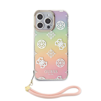 iPhone 15 Pro Kılıf Guess Orjinal Lisanslı Desenli Yazı Logolu Askı İpli Holografik Glitter Peony Kılıf