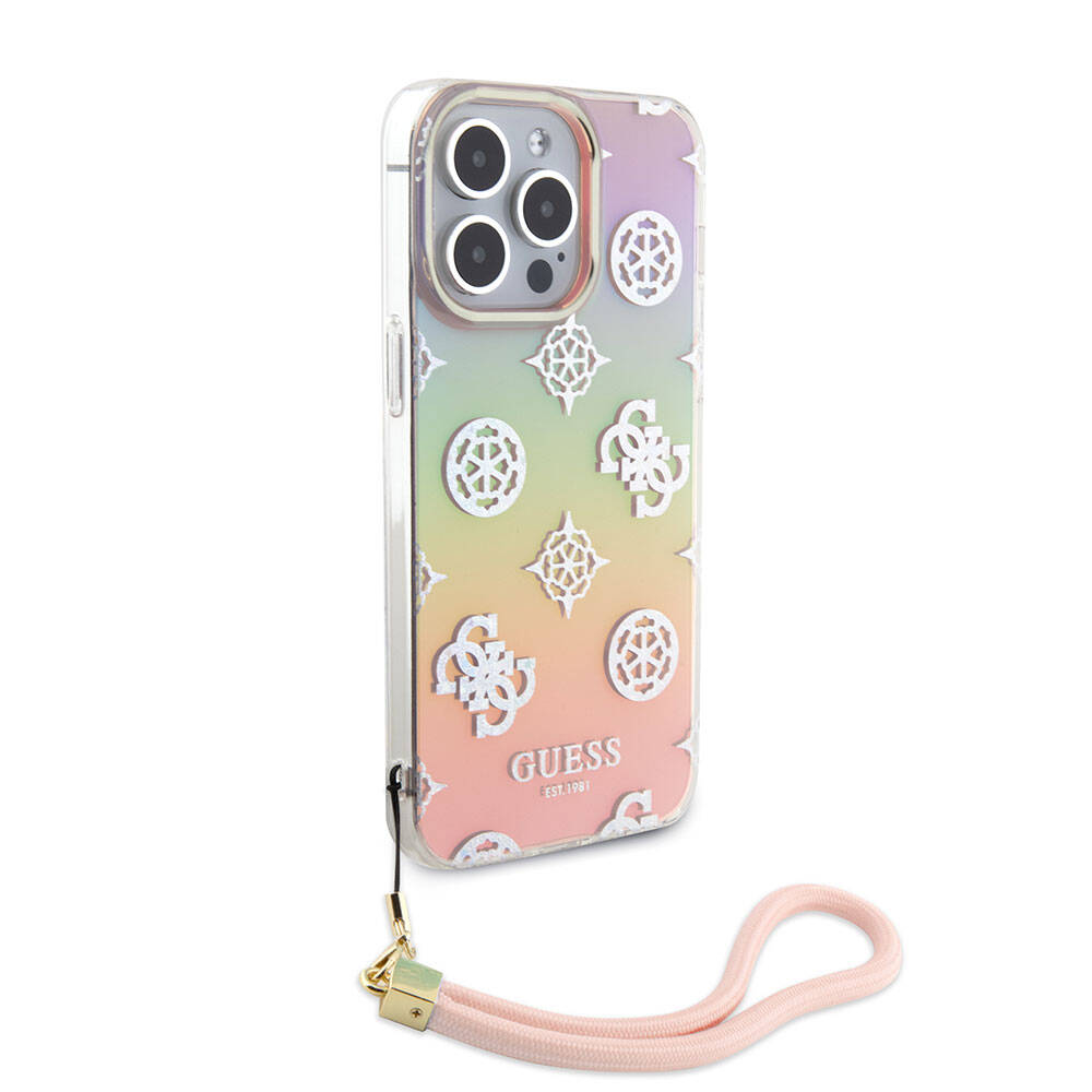 iPhone 15 Pro Kılıf Guess Orjinal Lisanslı Desenli Yazı Logolu Askı İpli Holografik Glitter Peony Kılıf