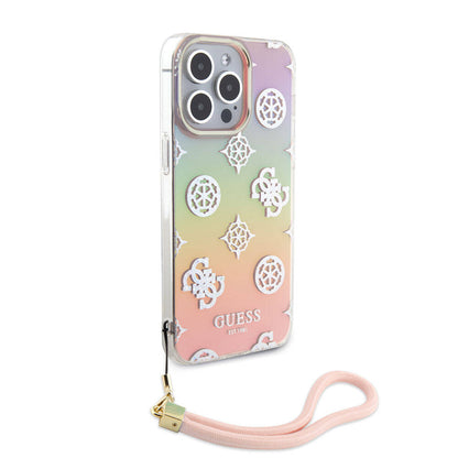 iPhone 15 Pro Kılıf Guess Orjinal Lisanslı Desenli Yazı Logolu Askı İpli Holografik Glitter Peony Kılıf