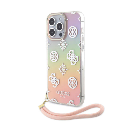 iPhone 15 Pro Kılıf Guess Orjinal Lisanslı Desenli Yazı Logolu Askı İpli Holografik Glitter Peony Kılıf