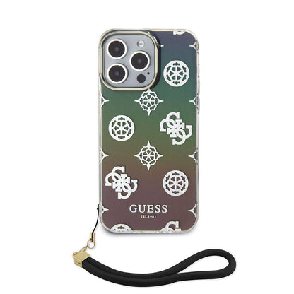 iPhone 15 Pro Kılıf Guess Orjinal Lisanslı Desenli Yazı Logolu Askı İpli Holografik Glitter Peony Kılıf