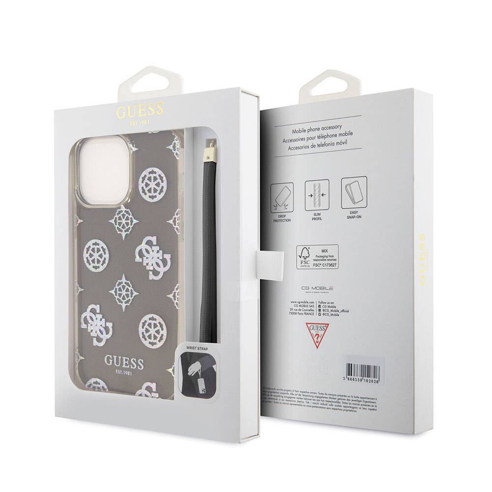 iPhone 15 Pro Kılıf Guess Orjinal Lisanslı Desenli Yazı Logolu Askı İpli Holografik Glitter Peony Kılıf