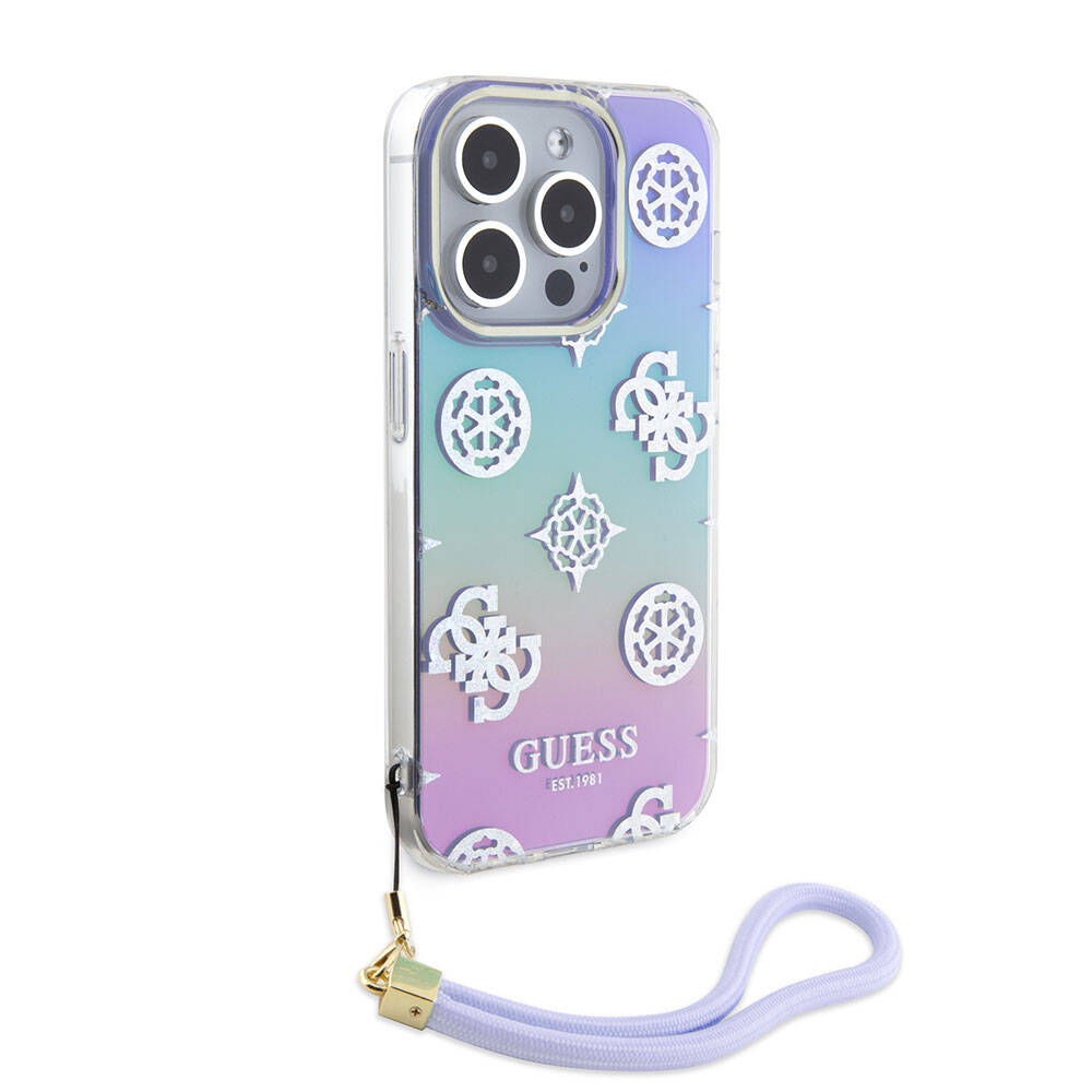iPhone 15 Pro Kılıf Guess Orjinal Lisanslı Desenli Yazı Logolu Askı İpli Holografik Glitter Peony Kılıf