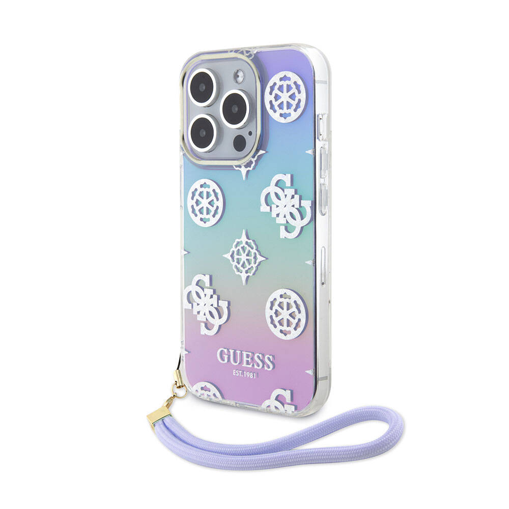 iPhone 15 Pro Kılıf Guess Orjinal Lisanslı Desenli Yazı Logolu Askı İpli Holografik Glitter Peony Kılıf
