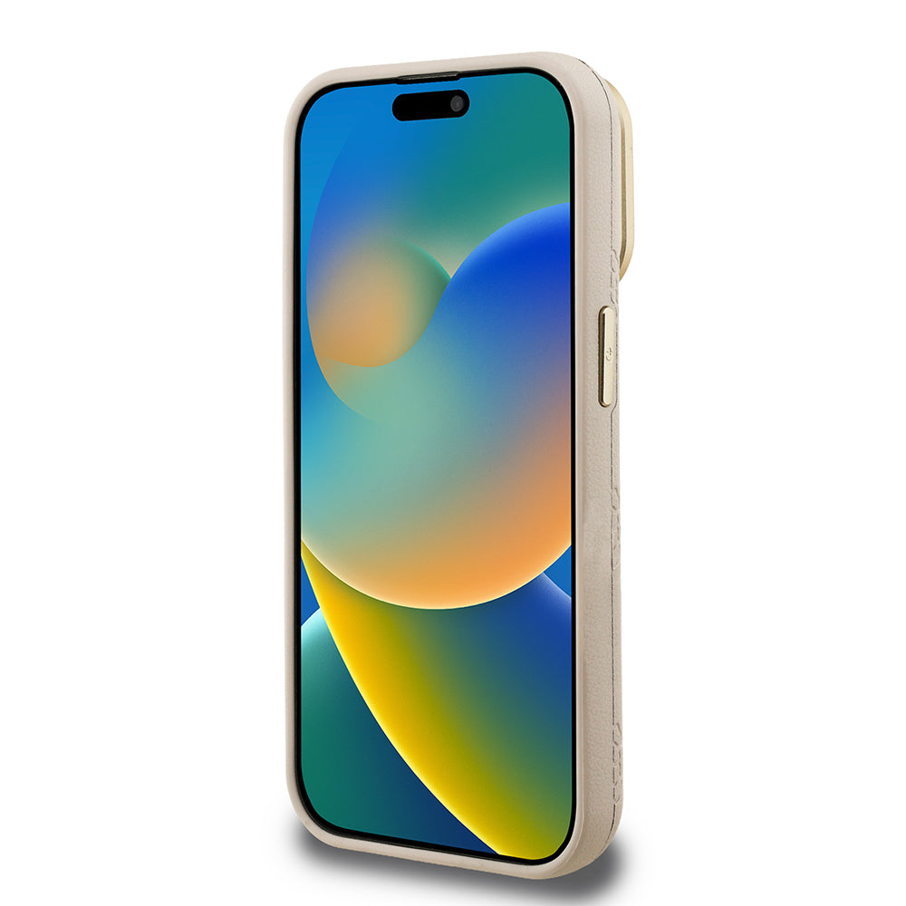 iPhone 15 Pro Kılıf Guess Orjinal Lisanslı M-safe Şarj Özellikli Sıcak Baskılı Yazı Logolu Kamera Standlı PU Deri Peony Kılıf